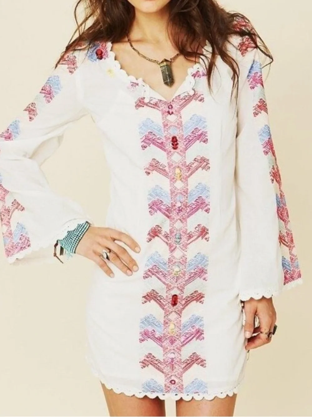 Free People Misty Meadow Embroidered flare sleeve Boho Dress size 4
